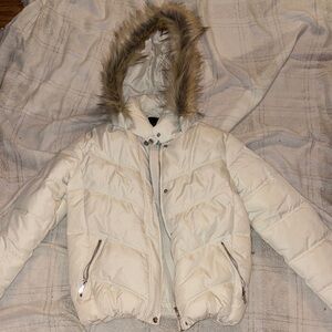 Cream Puffer Jacket with Faux Fur Hood